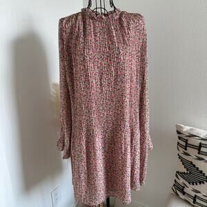 Melloday Pink Floral Pleated Long Sleeve Swing Mini Dress Small